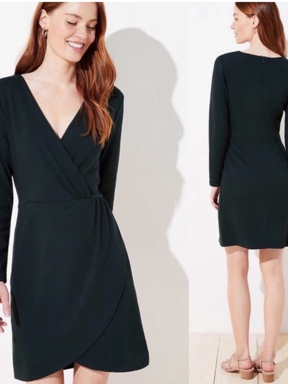 Loft Green Shirred Faux Wrap Dress 8